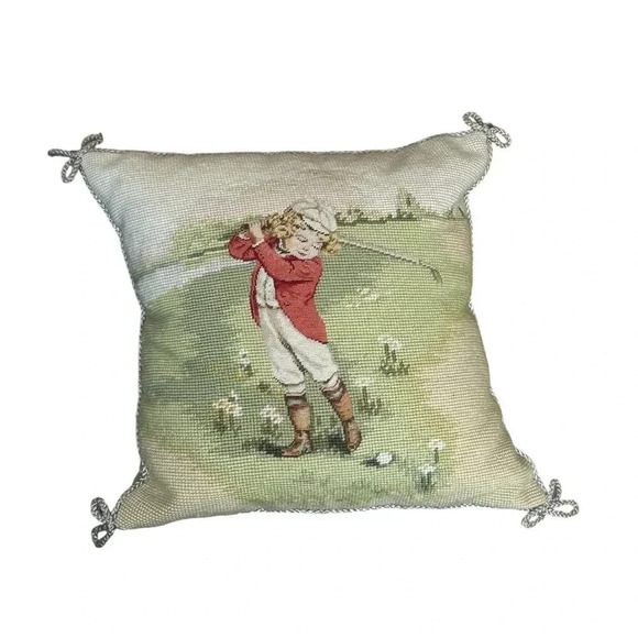 Wool Needlepoint Throw Pillow by Imperial Elegance Vintage Child Golfer … - Picture 1 of 8